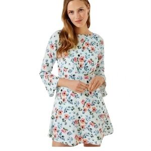 LOFT Floral Tunic Tie Back Bell Sleeve Boho Style Mini Dress Size 14